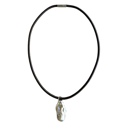 Necklace - Baroque Pearl on Brown Leather