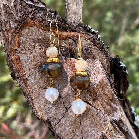 Earrings - Freshwater Pearls and Snakeskin Agate