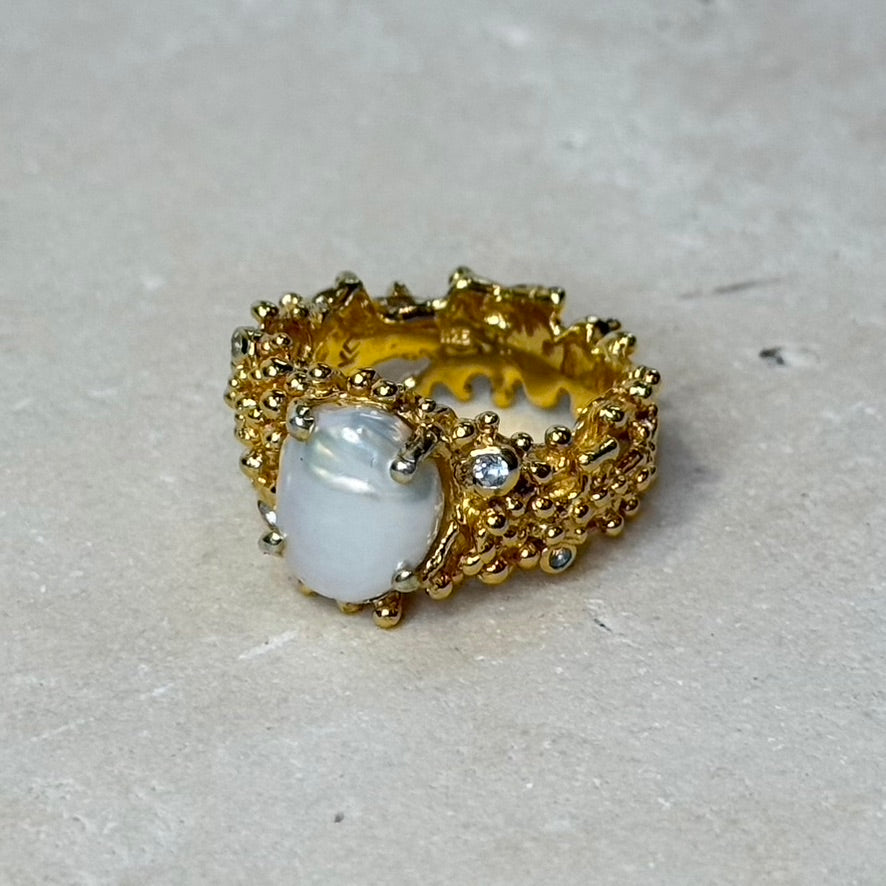 Ring - Anemone, Yellow Gold Finish with Silver Accents, Keshi Pearl and Topaz