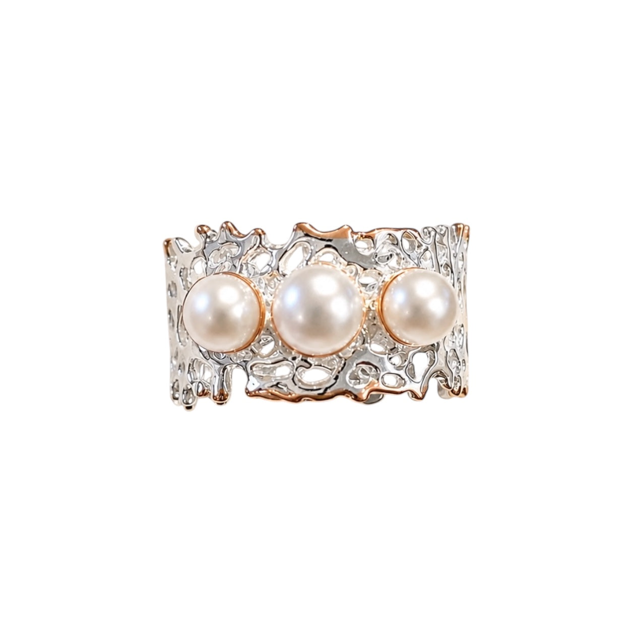 Ring - Fan of the Sea, Silver with Rose Gold Accents and Three Pearls