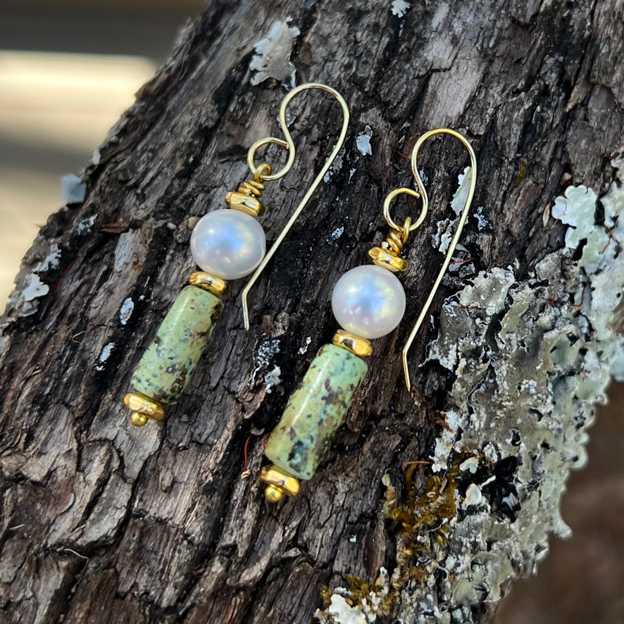 Earrings - Freshwater Pearls and Single Natural Turquoise