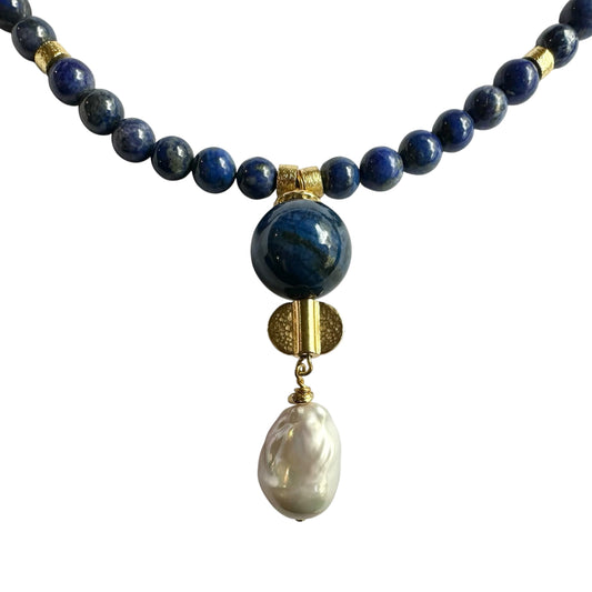 Necklace - Fresh Water Pearl & Lapis Lazuli, Gold Filled Beads