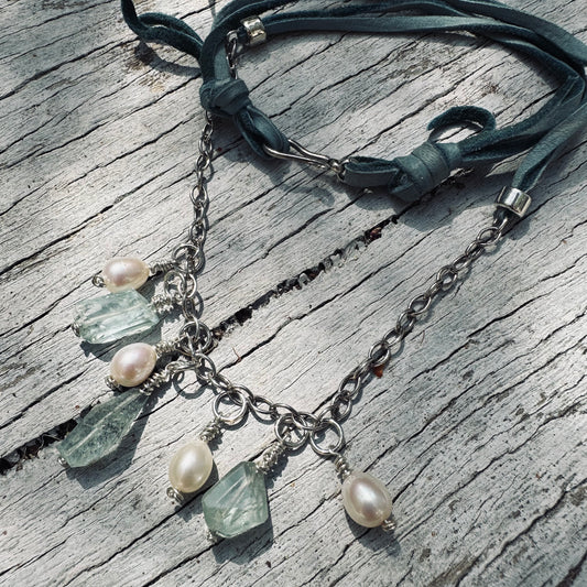 Necklace - Freshwater Pearls and Aquamarine with Blue Deerskin Leather