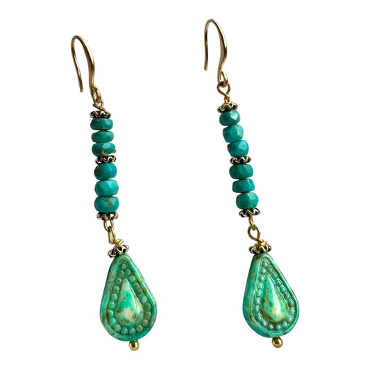 Earrings - Freshwater Pearls, Chez Glass Beads, Natural Turquoise on 18ct Gold Filled Findings
