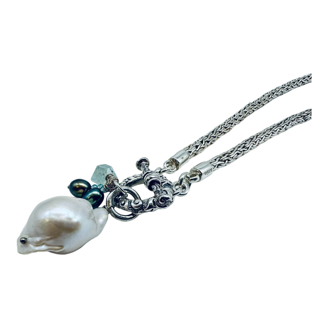 Necklace - Freshwater Pearl and Tahitian Pearl with Aquamarine