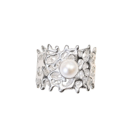Ring - Fan of the Sea, Silver with White Freshwater Pearl