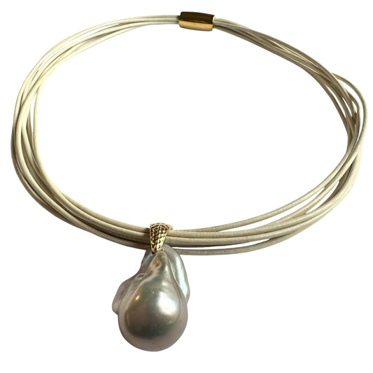 Necklace - Baroque Pearl on Beige Multi Leather