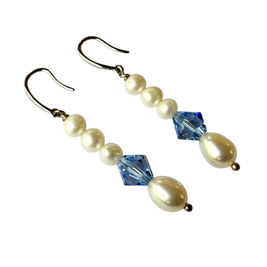 Earrings - Fresh Water Pearls and Blue Swarovski Crystals