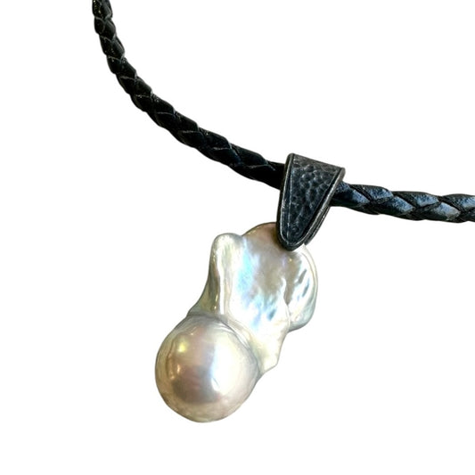 Necklace - Baroque Pearl on Black Leather