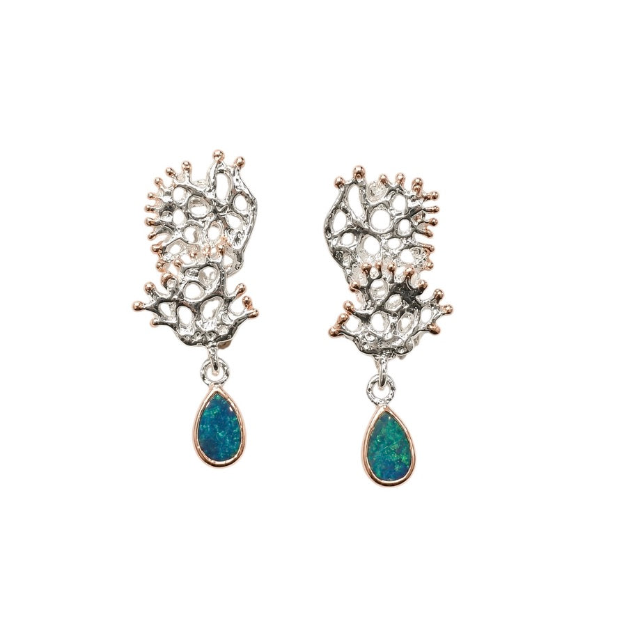 Earrings - Fragments Small, Silver with Rose Gold Accents and Australian Doublet Opal