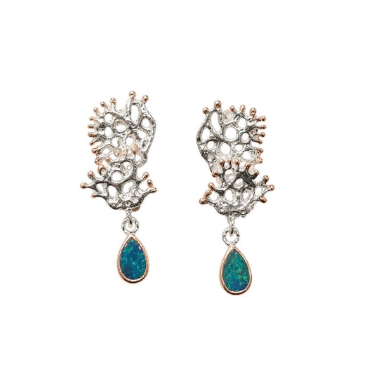 Earrings - Fragments Small, Silver with Rose Gold Accents and Australian Doublet Opal