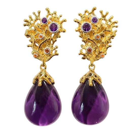 Earrings - Fragments Large, Yellow Gold Finish with Silver Accents, Amethyst and Orange Sapphire
