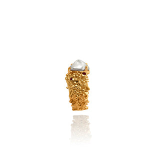 Ring - Anemone, Yellow Gold Finish with Silver Accents, Keshi Pearl and Topaz
