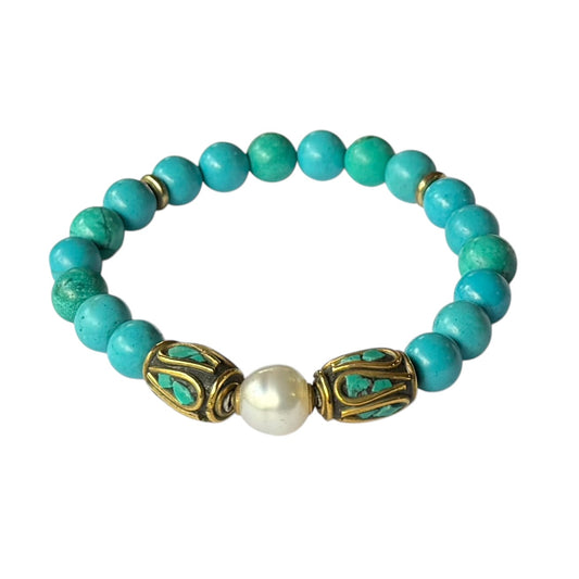 Bracelet - 10mm White South Sea Pearl (Broome) Turquoise Howlite, 18ct Gold Filled Spacer Beads