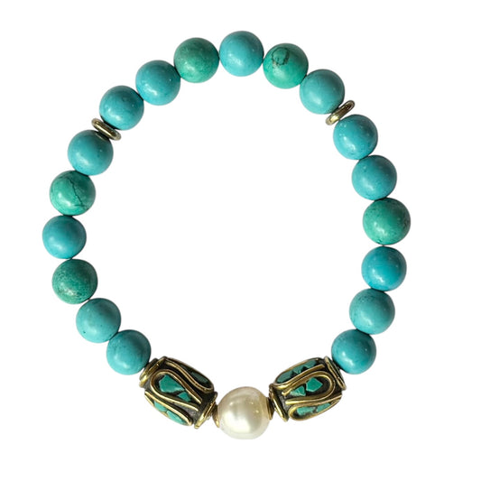 Bracelet - 10mm White South Sea Pearl (Broome) Turquoise Howlite, 18ct Gold Filled Spacer Beads