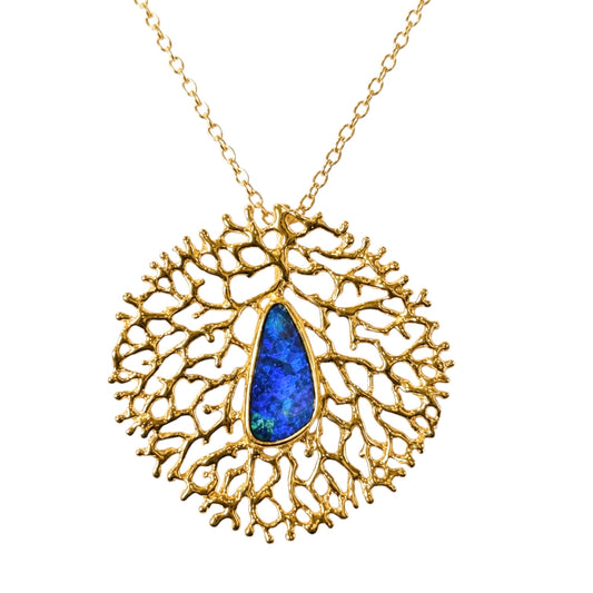 Pendant - Fan of the Sea, Large Yellow Gold Finish with Australian Doublet Opal