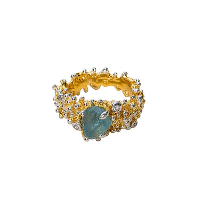 Ring - Anemone, Yellow Gold Finish with Silver Accents, Aquamarine and Topaz