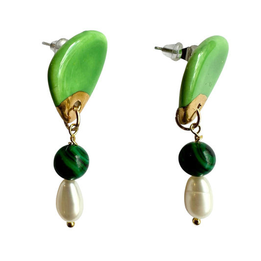 Earrings - Handmade Green Porcelain with Freshwater Pearl and Malachite Bead