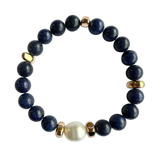 Bracelet -11mm South Sea Pearl with Lapis Lazuli Stone Beads, 24ct Gold Filled Findings