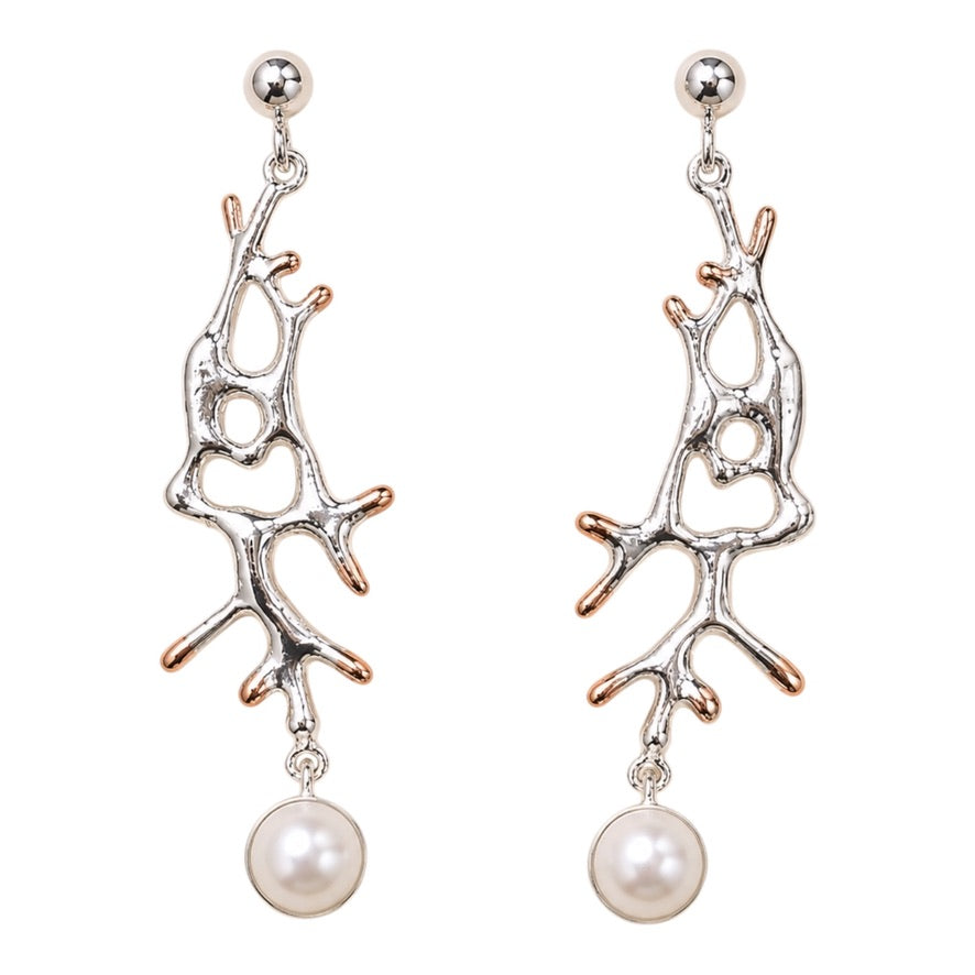 Earrings - Coral Garden, Silver Drops with Rose Gold Accents and White Pearl