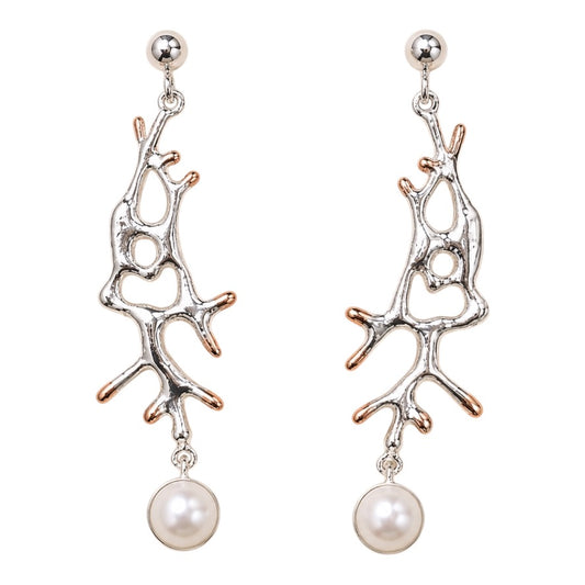 Earrings - Coral Garden, Silver Drops with Rose Gold Accents and White Pearl