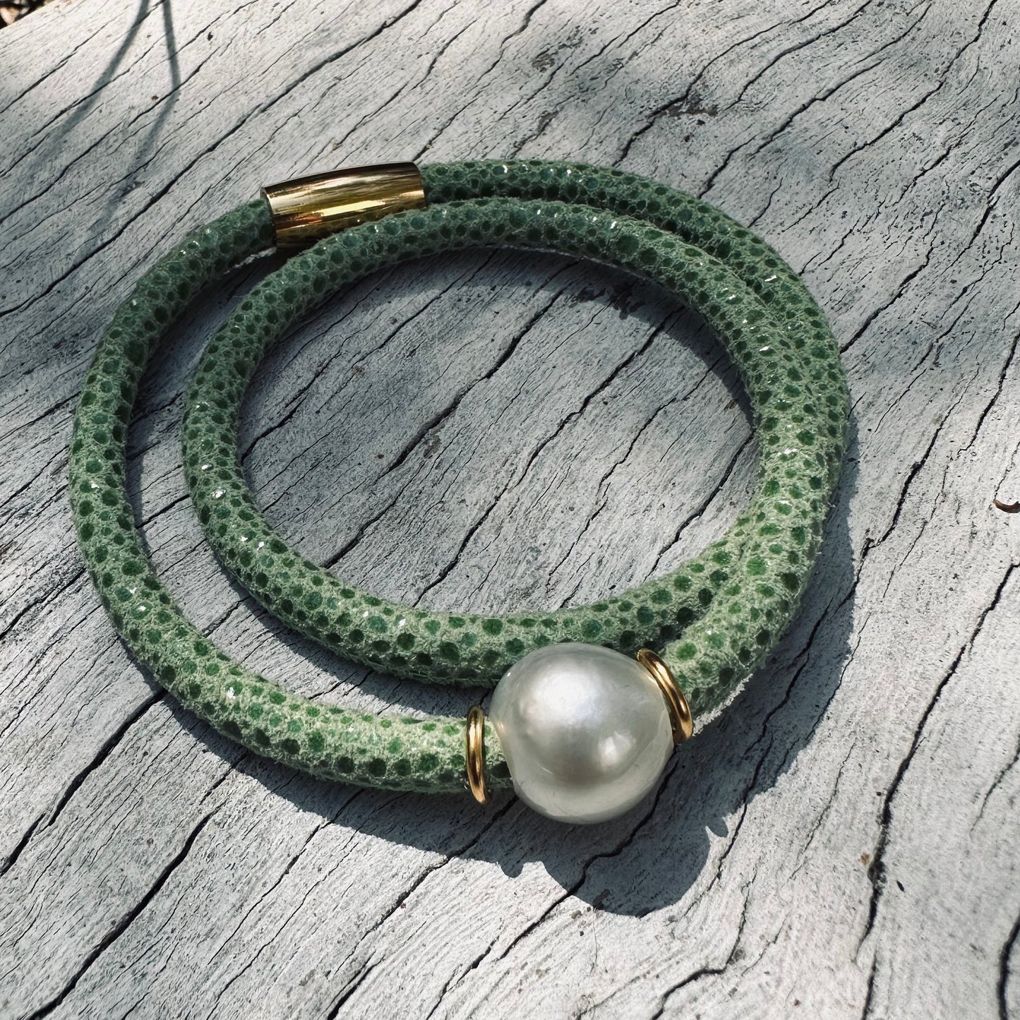 Bracelet - South Sea Pearl on Green Leather