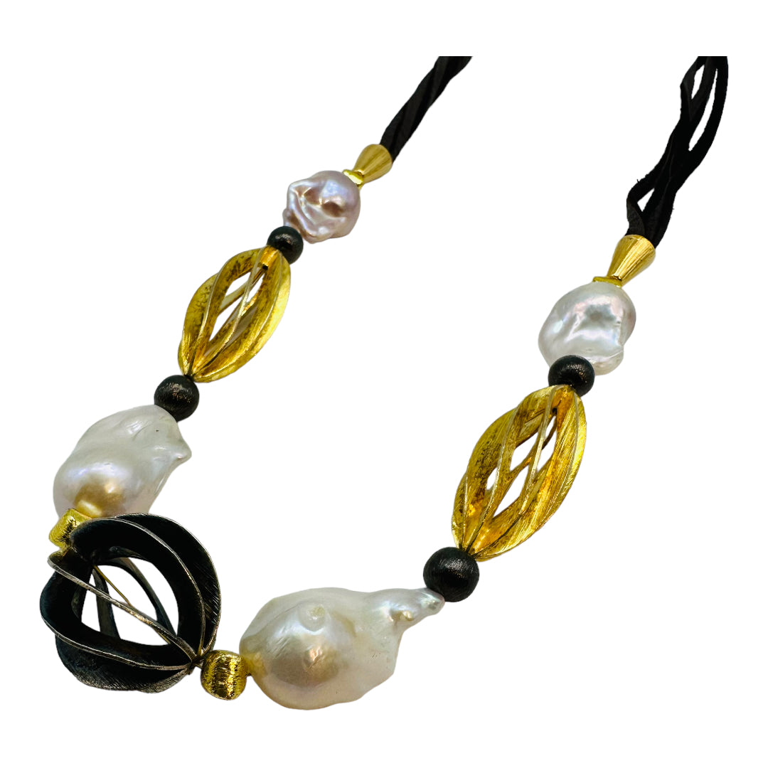 Necklace - Freshwater Baroque Pearls on Dark Brown Deerskin Leather