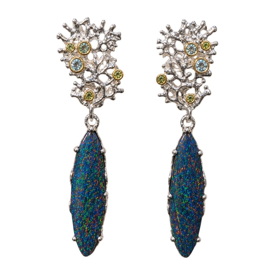 Earrings - Fragments Medium, Silver with Rose Gold Accents and Australian Doublet Opal, Blue Topaz, Peridot