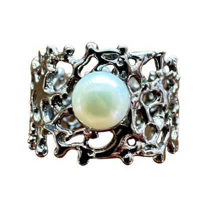 Ring - Fan of the Sea, Rhodium, Freshwater Pearl