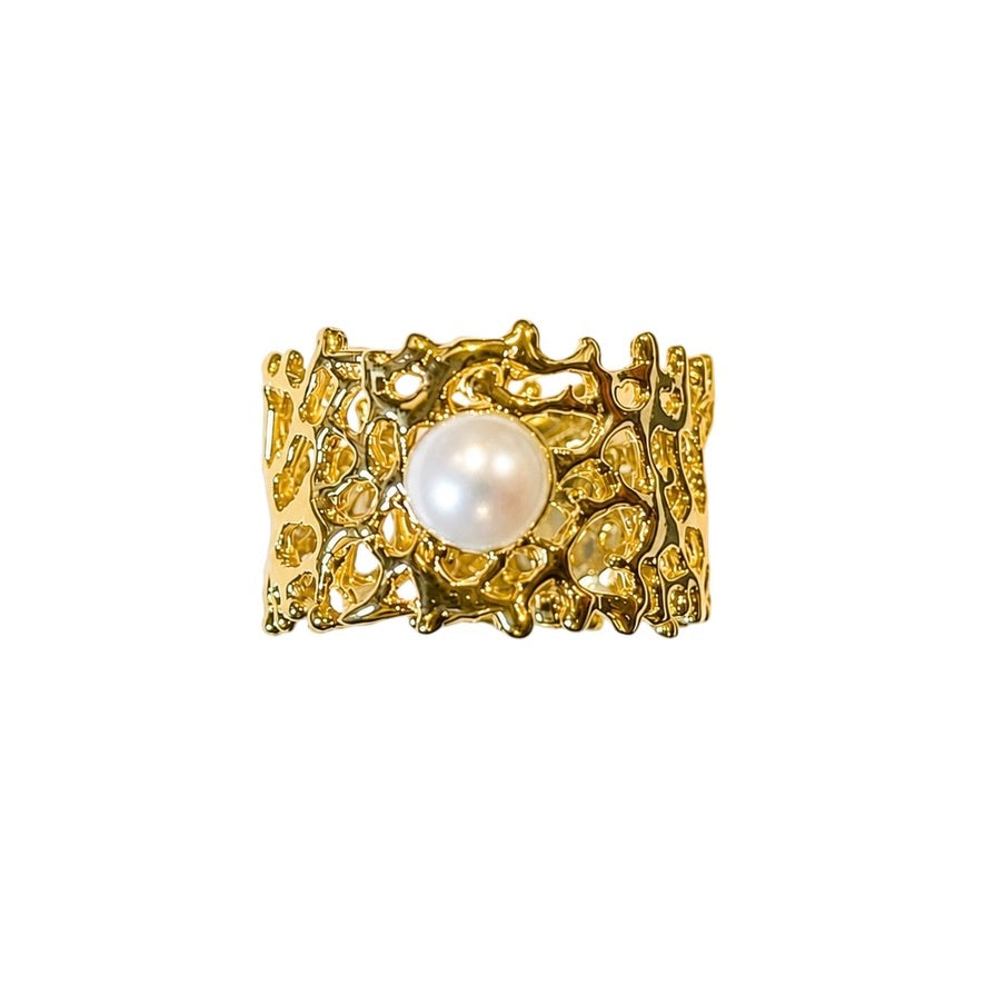 Ring - Fan of the Sea, Yellow Gold Finish with White Pearl