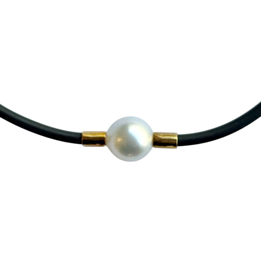 Necklace - Neoprene, 9kt Yellow Gold, Australian South Sea 11-12mm Pearl with 3mm Neoprene  at 41.5cm