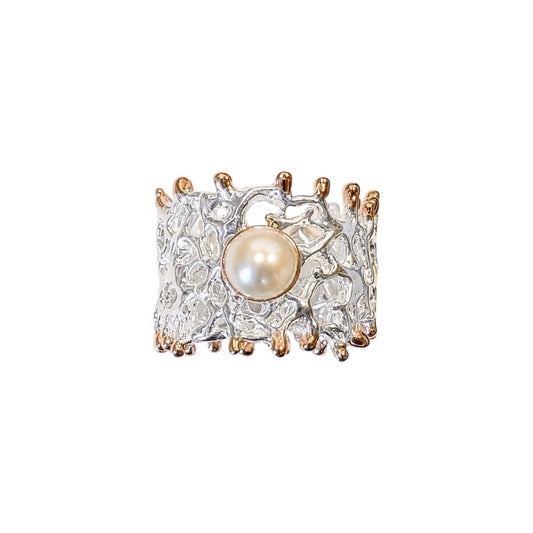 Ring - Fan of the Sea, Silver with Rose Gold Accents and White Pearl