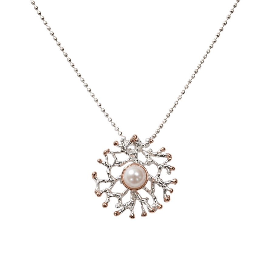Pendant - Fan of the Sea, Small Silver with Rose Gold Accents and Freshwater Pearl