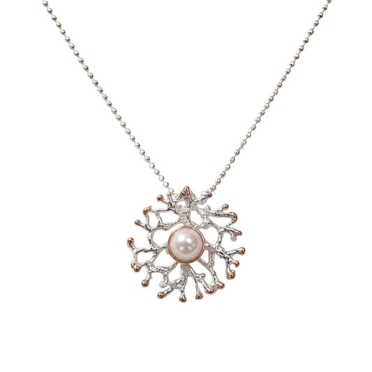 Pendant - Fan of the Sea, Small Silver with Rose Gold Accents and Freshwater Pearl