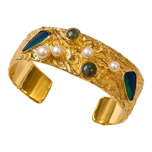Bangle - Ocean Bed Cuff, Yellow Gold Finish with Australian Doublet Opal, Cabochon Cut Labradorite and Pearl