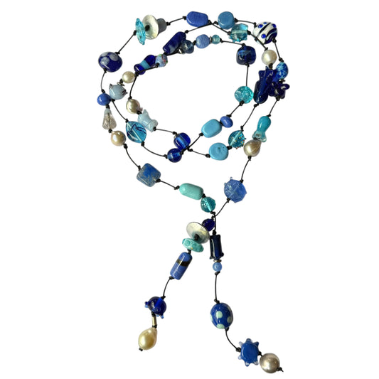 Necklace - Blue Handmade Glass Beads, South Sea Pearls and Tahitian Pearls on Leather