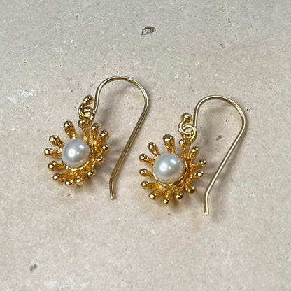 Earrings - Anemone Hooks, Yellow Gold Finish and White Pearls