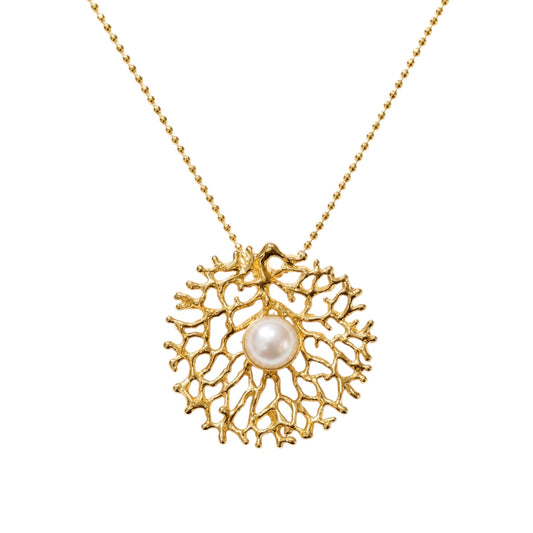 Pendant - Fan of the Sea, Medium Yellow Gold Finish with Freshwater Pearl
