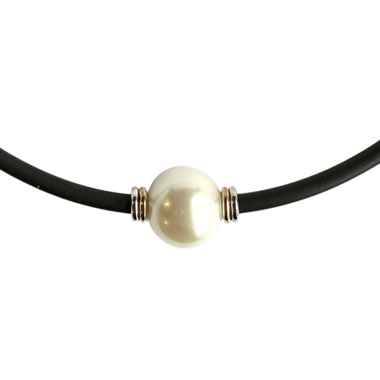 Necklace - Australian South Sea Pearl 12-13 mm Sterling Silver & 9Kt Yellow Gold 42 cm Neoprene 3mm