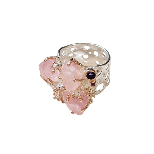 Ring - Jewel of the Sea, Sterling Silver, Rose Gold Accents, Raw Rose Quartz