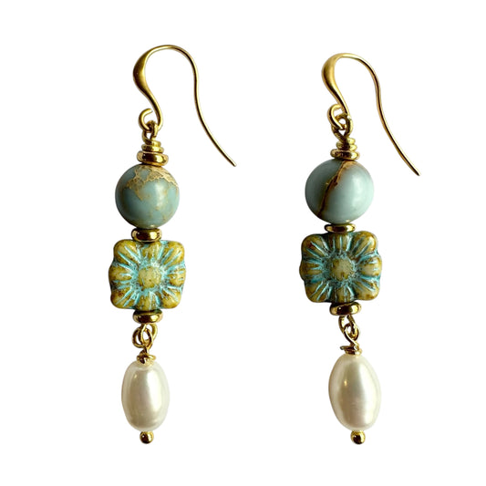 Earrings - Freshwater Pearls (Oval) with Chez Glass Beads