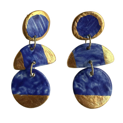 Earrings - Handmade Porcelain Blue and Gold Three Disc