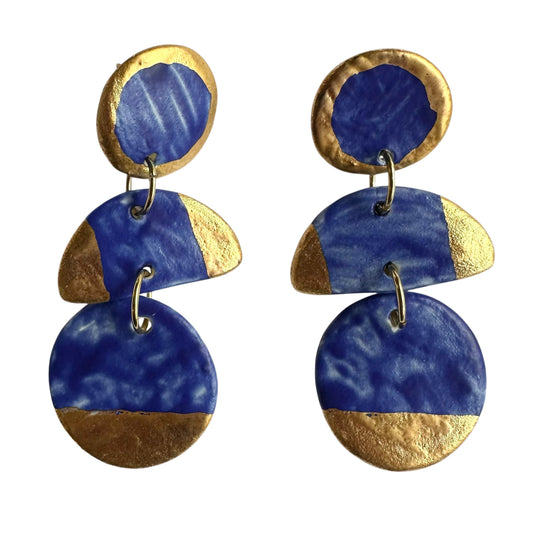 Earrings - Handmade Porcelain Blue and Gold Three Disc