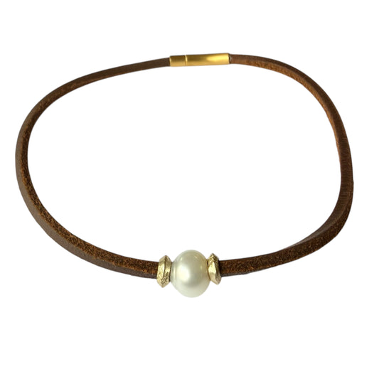 Necklace - 13.5mm White South Sea Pearl from Broome on Brown Leather