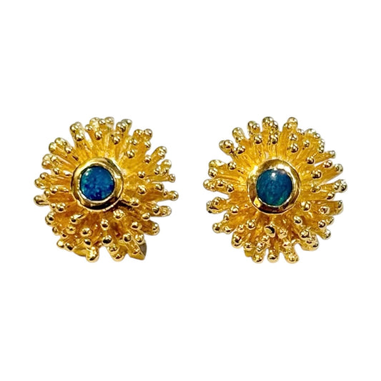 Earrings - Anemone Large Stud, Yellow Gold Finish with Australian Double Opal