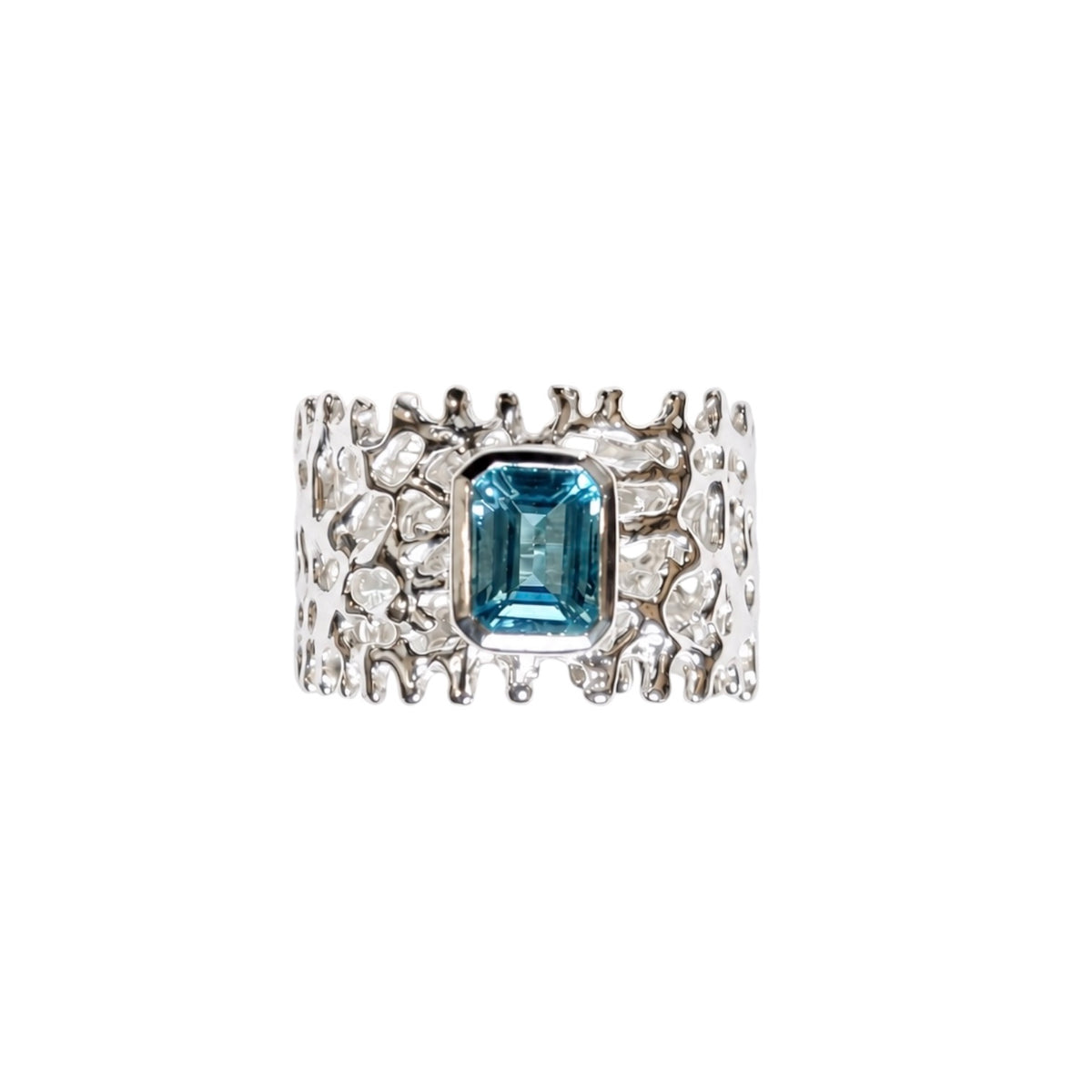 Ring - Fan of the Sea, Sterling Silver and Emerald Cut Blue Topaz