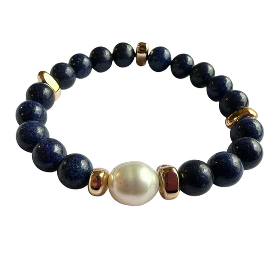 Bracelet -11mm South Sea Pearl with Lapis Lazuli Stone Beads, 24ct Gold Filled Findings