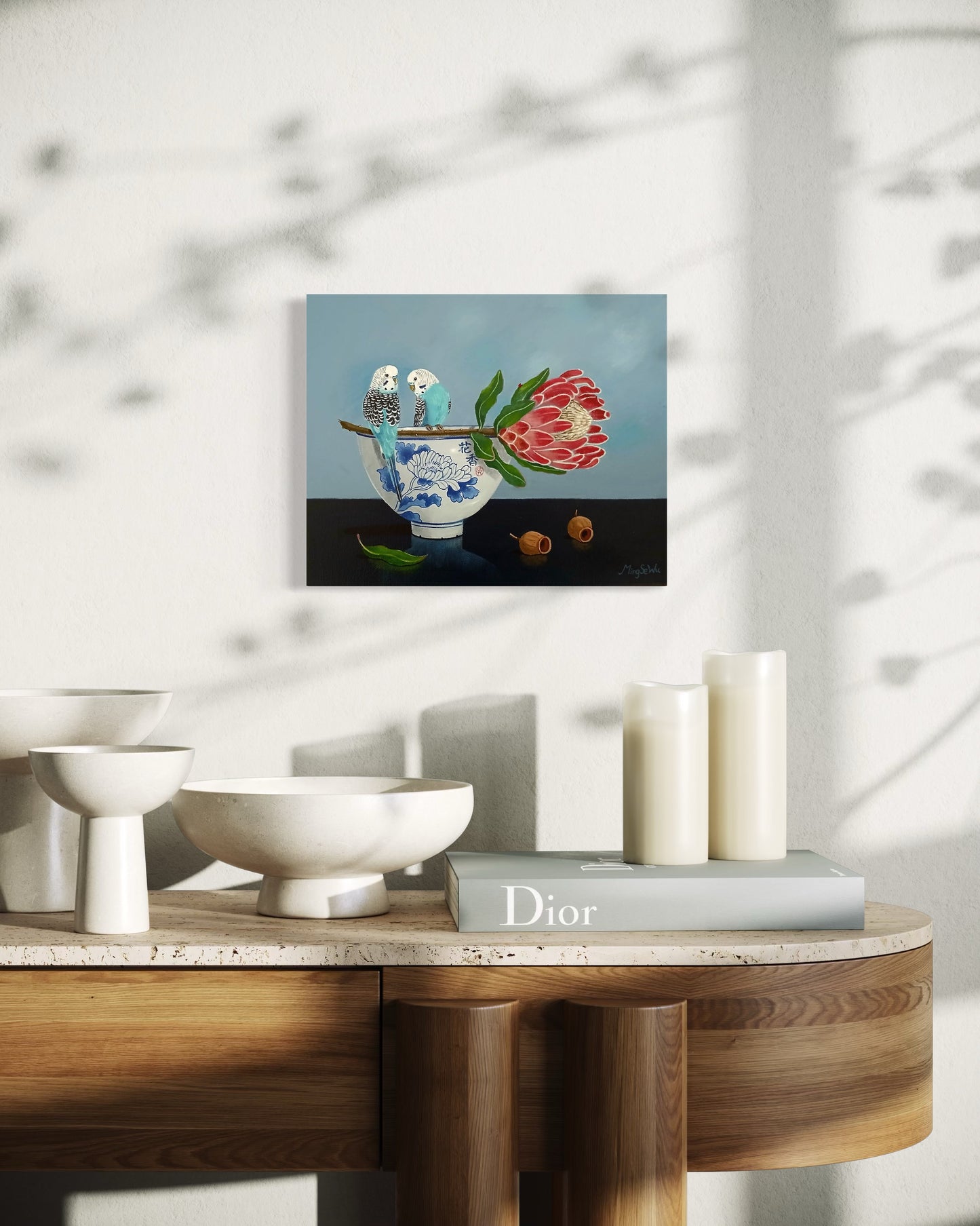 Protea, Bowl and Budgies