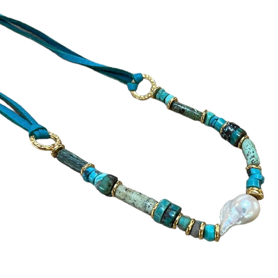 Necklace - Baroque Pearl and Natural Turquoise