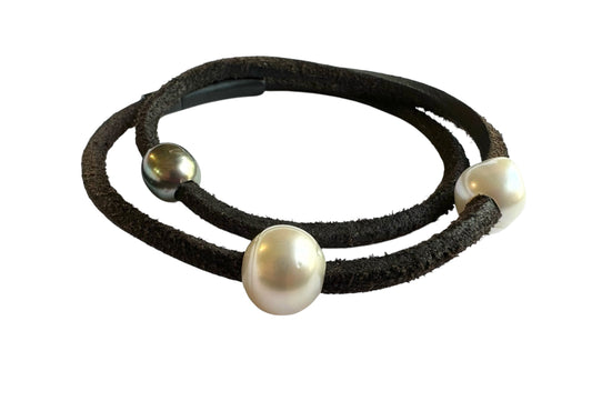 Bracelet - Three South Sea Pearls on Brown Leather Wrap